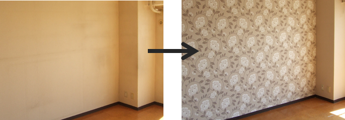 輸入壁紙施工例:寝室の1面をアクセントクロスにしました。
